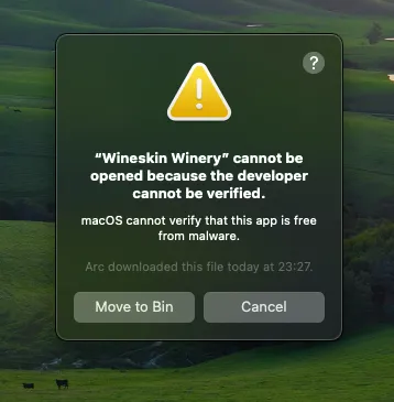 Wineskin Winery：エラー 開けません