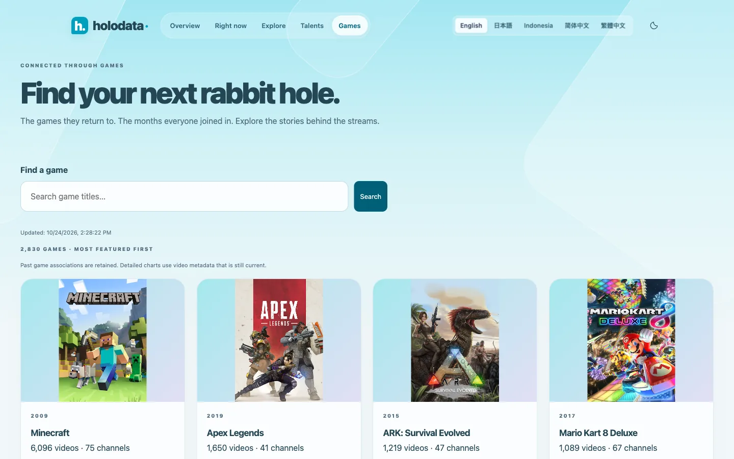 Holodata game directory with Minecraft, Apex Legends, ARK, and Mario Kart cards