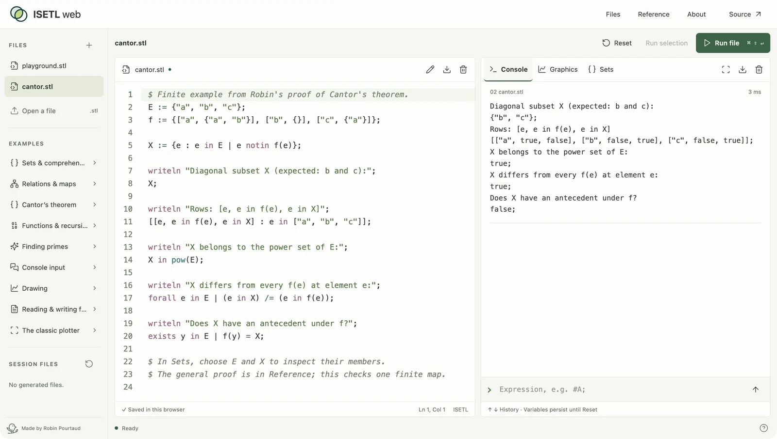 Cantor’s diagonal subset constructed in ISETL, with the results in the console
