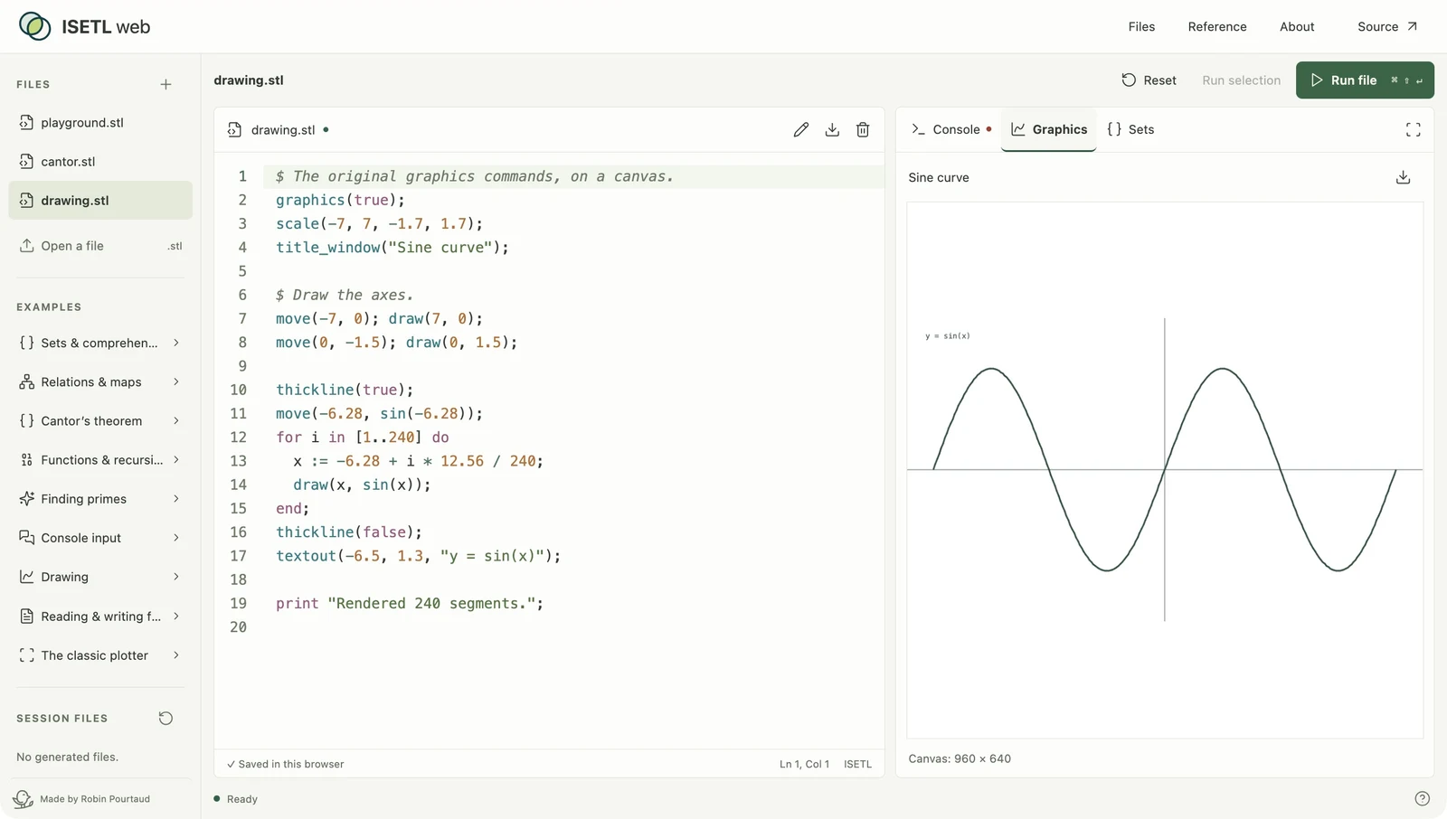 Original ISETL drawing commands rendering a sine curve