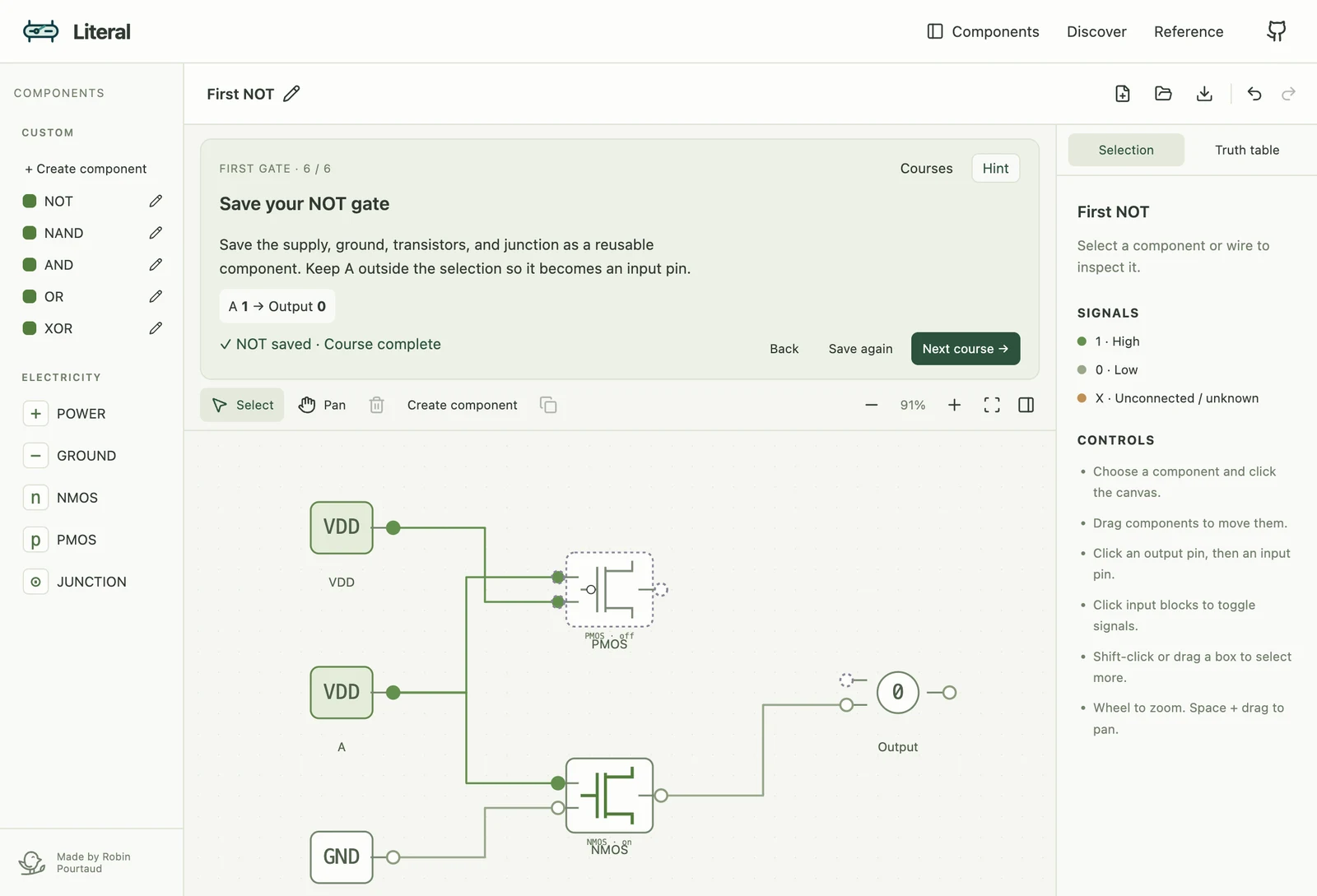 The first Discover lesson: a NOT gate built from PMOS and NMOS transistors