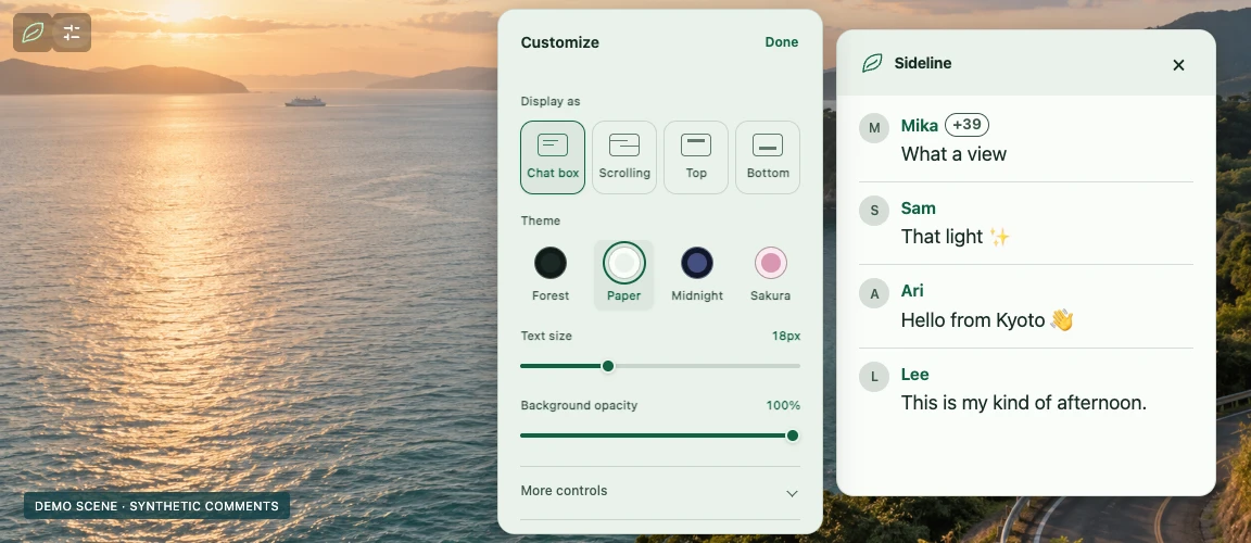 Sideline display and appearance settings in a demonstration scene